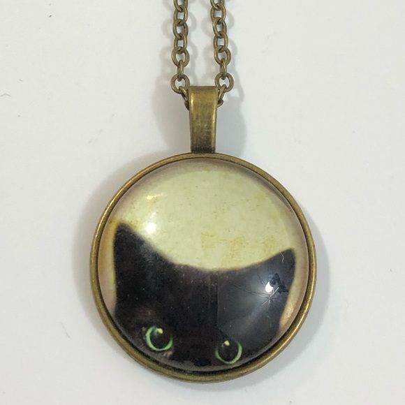 Bronze Peeking Cat Cabochon Necklace - Picture 3 of 6